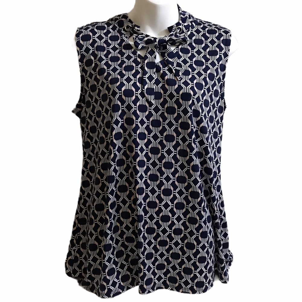 Office Career Blouse Chainlink Print Secretary Tie Bow Stretch Sleeveless Twee L